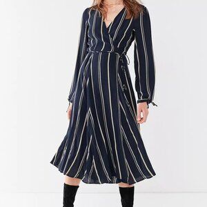 UO Audrey Blue Striped Long-Sleeve Wrap Midi Dress
